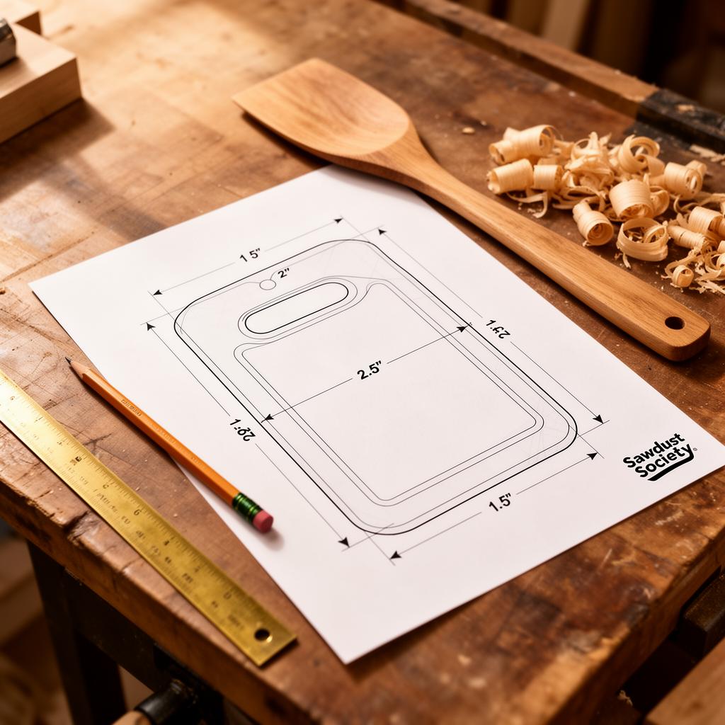 A printed Sawdust Society cutting board template on a workshop bench, with a wooden spatula, brass ruler and wood shavings.
